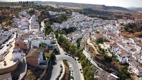 Setenil de las Bodegas drone aerial view of town in andalucia mountains. Stock Footage 178972990