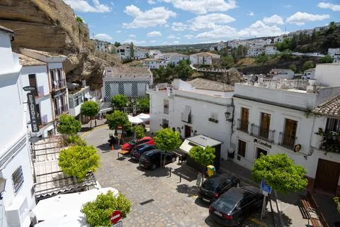 Setenil de las Bodegas, Spain - 7 May 23: Charming village square Stock Photos