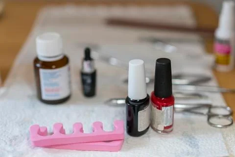 Seth instruments for pedicure. Basic set of manicure tools on white backgroun Stock Photos