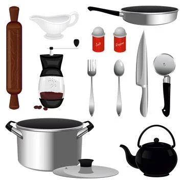 Seth items of kitchen utensils on a white background Stock Illustration