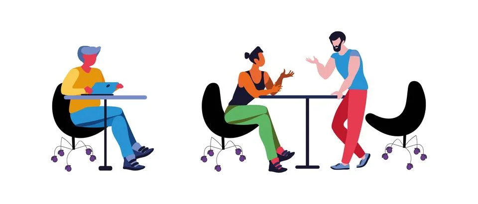 Seth men in a comfortable workplace. Comfortable office furniture. Stock Illustration