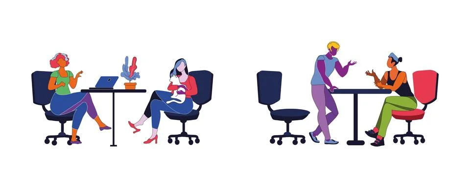 Seth team in a comfortable workplace. Comfortable office furniture. Distant.. Stock Illustration