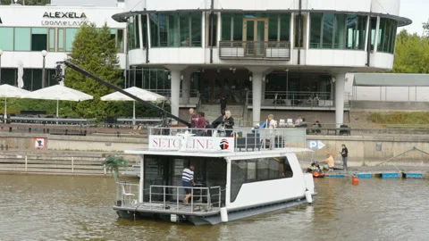The Seto Line boat on the river with the crew Stock Footage 159383811