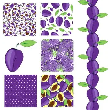 Setof 6 elegant seamless patterns with ripe plums, design elements イラスト素材