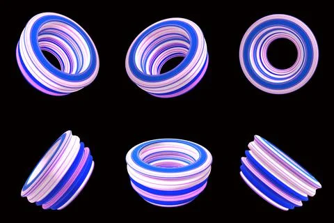 Sets of 3D abstract ring model with color lines (white, pink, blue) on the bl Stock Illustration