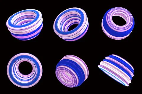 Sets of 3D abstract ring model with color lines (white, pink, blue) on the bl Stock Illustration