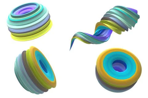 Sets of 3D abstract ring model and spiral with color lines on the white  back Stock Illustration