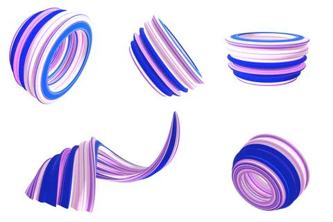 Sets of 3D abstract rings and line model with color lines (white, pink, blue) Stock Illustration