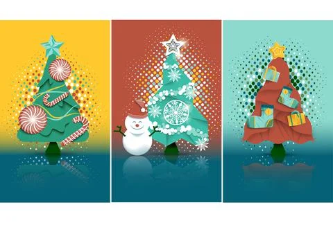Sets of Christmas trees with lovely decorations and vector illustrations. Illustrazione stock