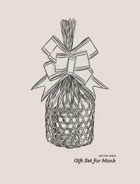 Sets of consuming items in a basket for Offering dedicated to monks in Buddhi Stock Illustration