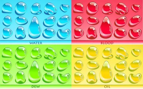 Sets with different liquid drops - water, dew, oil, blood. NO TRANSPARENCY. Stock Illustration