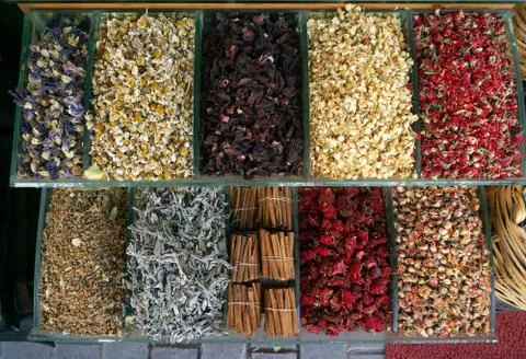 Sets of different tea herbs from the street market of Istanbul. top view Stock Photos