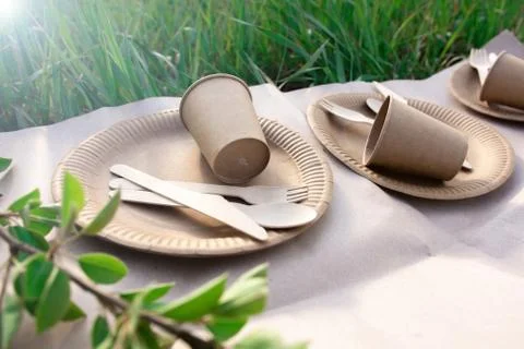 Sets of disposable biodegradable tableware on craft paper in nature. Foto stock