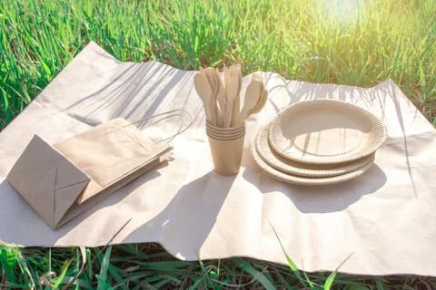 Sets of disposable biodegradable tableware on kraft paper in nature. Stock Photos