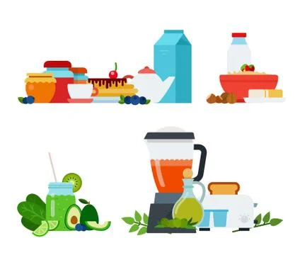 Sets of healthy breakfasts from different dishes and products vector icon flat Illustrazione stock