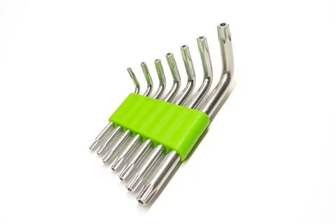 Sets of hex keys on white background, chromed steel key set Stock Photos