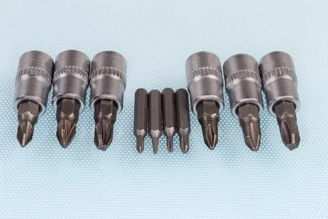 Sets of interchangeable crosspoint bits for screwdriver and mini screwdriver Foto stock
