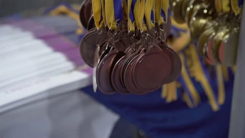 Sets of medals are waiting for their winners. Stock Footage 120413616