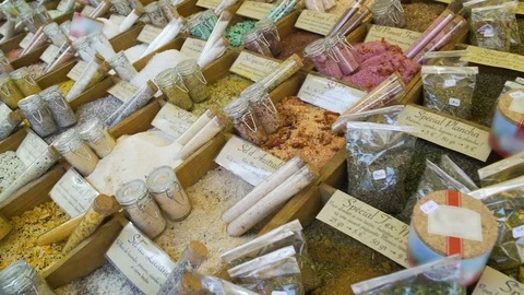 Sets of spices in special packages sold for real connoisseurs of east cuisine Stock Footage 77605752