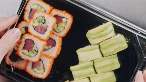 Sets of sushi, rolls ready for delivery Stock Footage 104719843