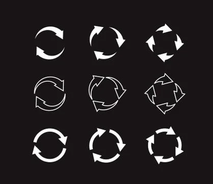 Sets of white circle arrows on black background. Vector outline Icons. Illustrazione stock
