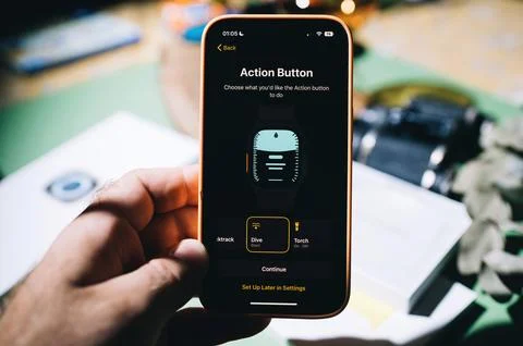 Setting action button on the new titanium Apple Watch Ultra designed for extreme Stock Photos