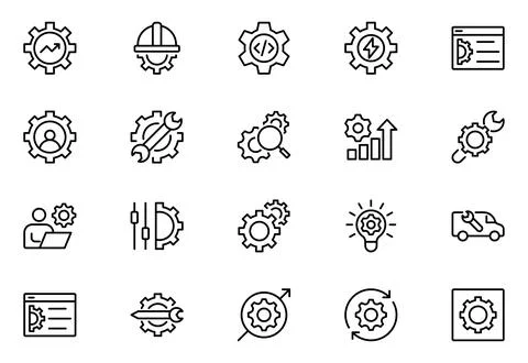 Setting and setup line icon set. UI icon set. Contains such icons as gear, .. Stock Illustration