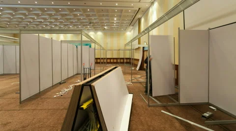 Setting up the booth compartments for Trade show Stock Footage 50209586