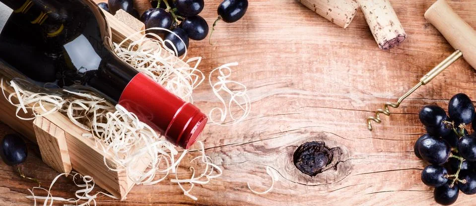 Setting with bottle of red wine, grape and corks. Wine list concept Stock Photos