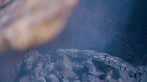 Setting up the coals in the grill and frying the meat, close-up Stock Footage 316149446
