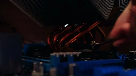 Setting up cooler to CPU processor at motherboard. 3840x2160 Video stock 66583392