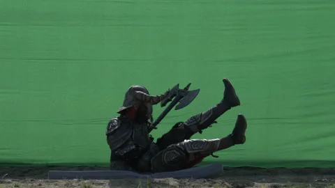 Setting up a fight on chroma key. Viking. Stock Footage 171277623
