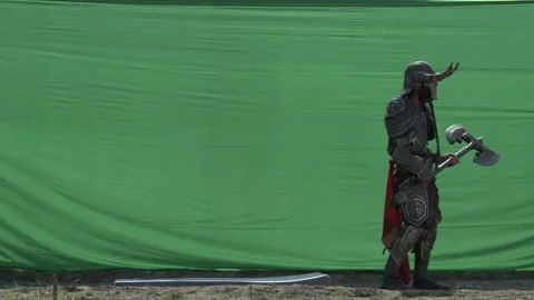 Setting up a fight on chroma key. Viking. Stock Footage 171279583