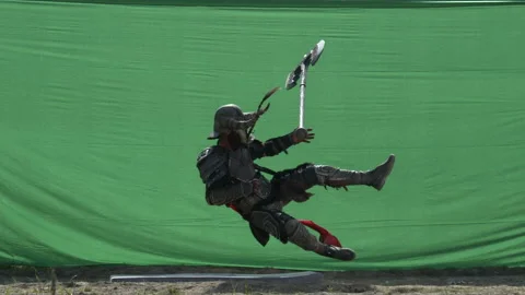 Setting up a fight on chroma key. Viking. Stock Footage 171279735