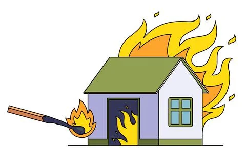 Setting fire to the building with matches. specially set fire to a private house Stock-Illustration