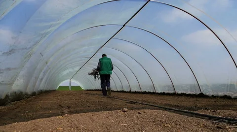 Setting up irrigation systems in greenhouses. Stock Footage 64974178