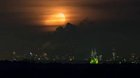 Setting moon over an industrial area Stock Footage 52366506