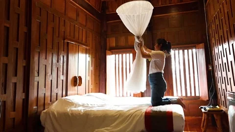 Setting Up Mosquito Net in Ayutthaya Vídeos de archivo 295850898