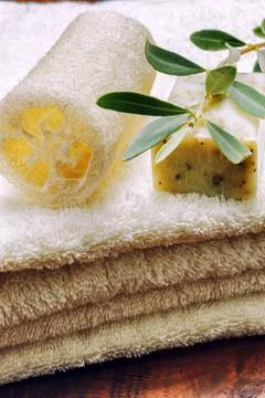 Setting with natural olive soap Stock Photos