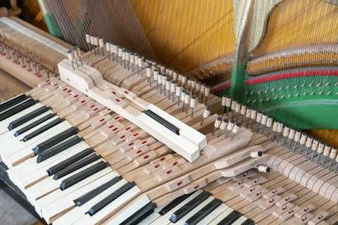 Setting up an old piano. The master repairs an old piano. Deep cleaning the p Stock Photos