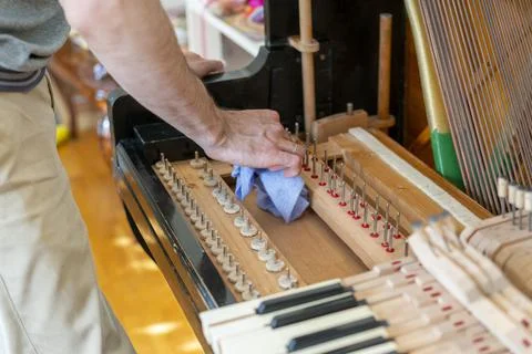Setting up an old piano. The master repairs an old piano. Deep cleaning the p Stock Photos