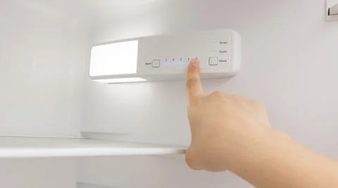 Setting the optimal temperature in the refrigerator. Freezing food. Electronic 스톡 사진