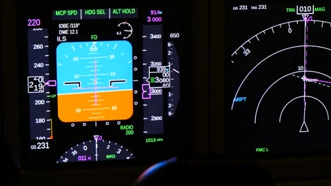 Setting up radio communication by flight crew on night flight Stock Footage 263140306