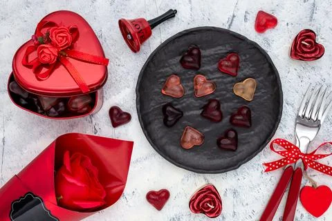 Setting for romantic dinner on white-grey background Foto stock