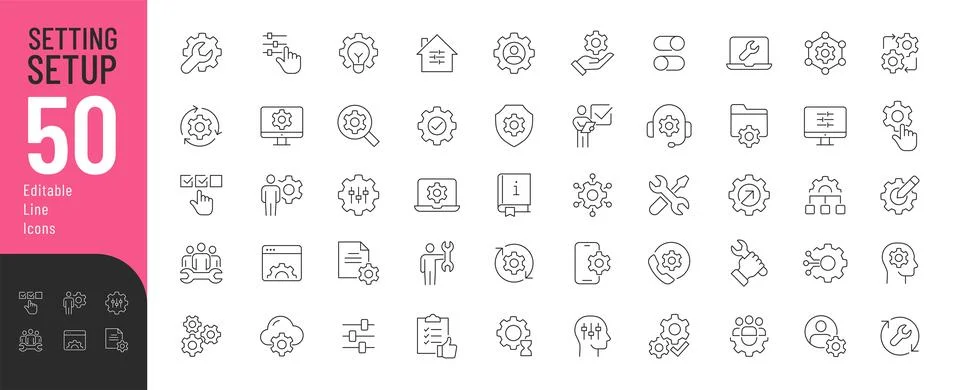 Setting Setup Line Editable Icons set. Stock Illustration
