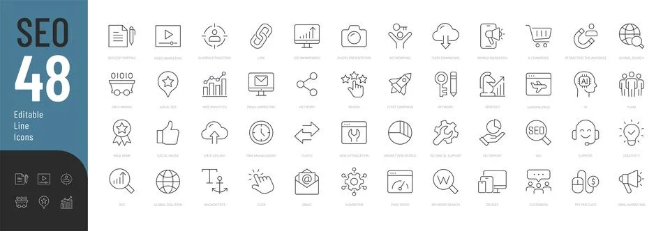 Setting Setup Line Editable Icons set. Stock Illustration