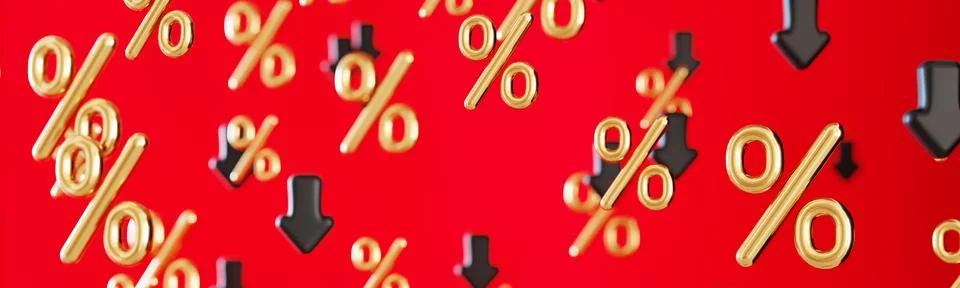 In a setting showing a bright red background, golden percentage symbols and.. Stock Illustration