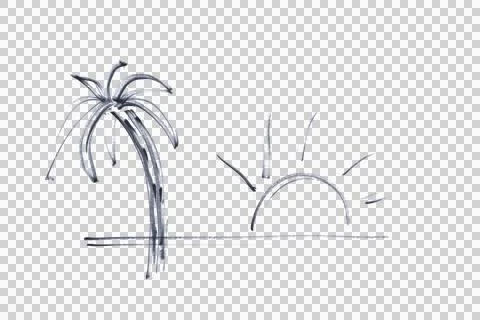 The setting sun and a palm tree drawn with a black marker Stock-Illustration