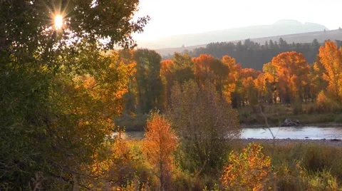 Setting sun in autumn over Yellowstone River Wyoming Stock Footage 46419214
