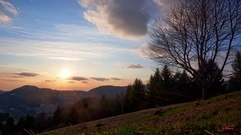The setting sun bathes a mountainous landscape highlighting a solitary tree on a Stock Footage 277385432